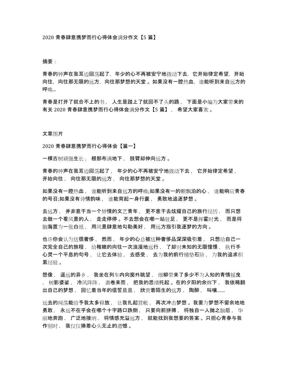 2020青春肆意携梦而行心得体会满分作文5篇_第1页