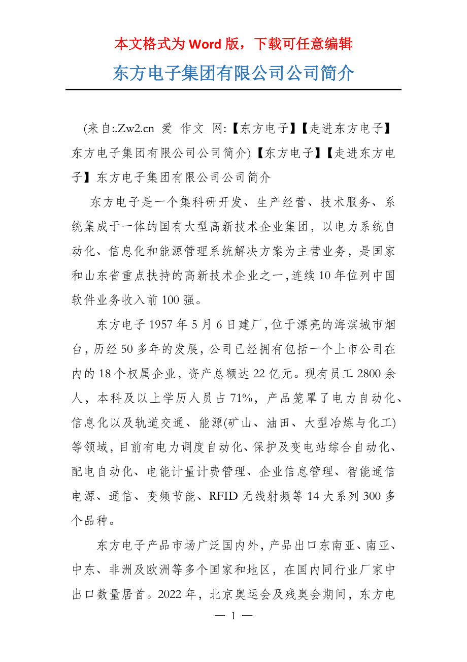 东方电子集团有限公司公司简介_第1页
