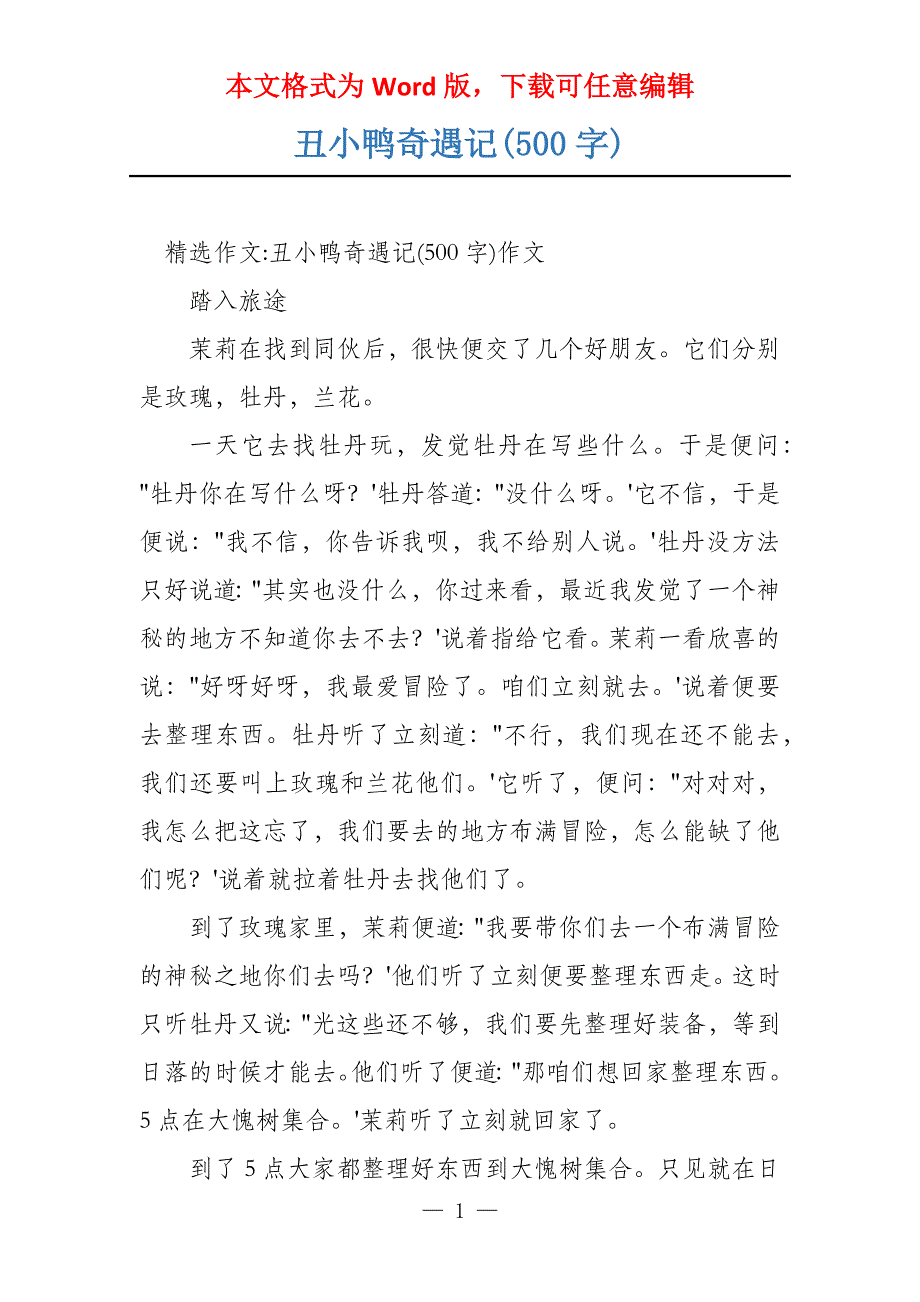 丑小鸭奇遇记(500字)_第1页