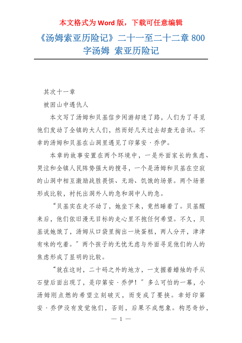 《汤姆索亚历险记》二十一至二十二章800字汤姆 索亚历险记_第1页