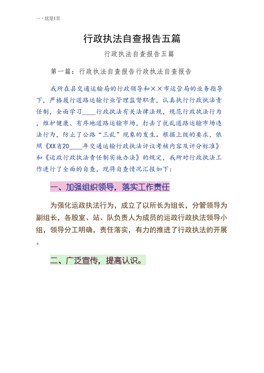 行政执法自查报告五篇第二版_第1页