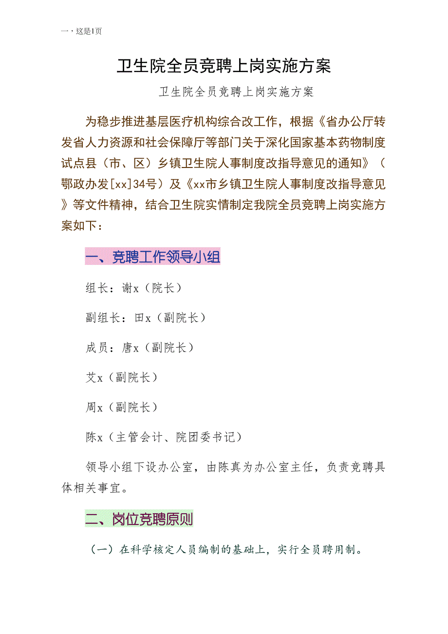 卫生院全员竞聘上岗实施方案珍藏版_第1页