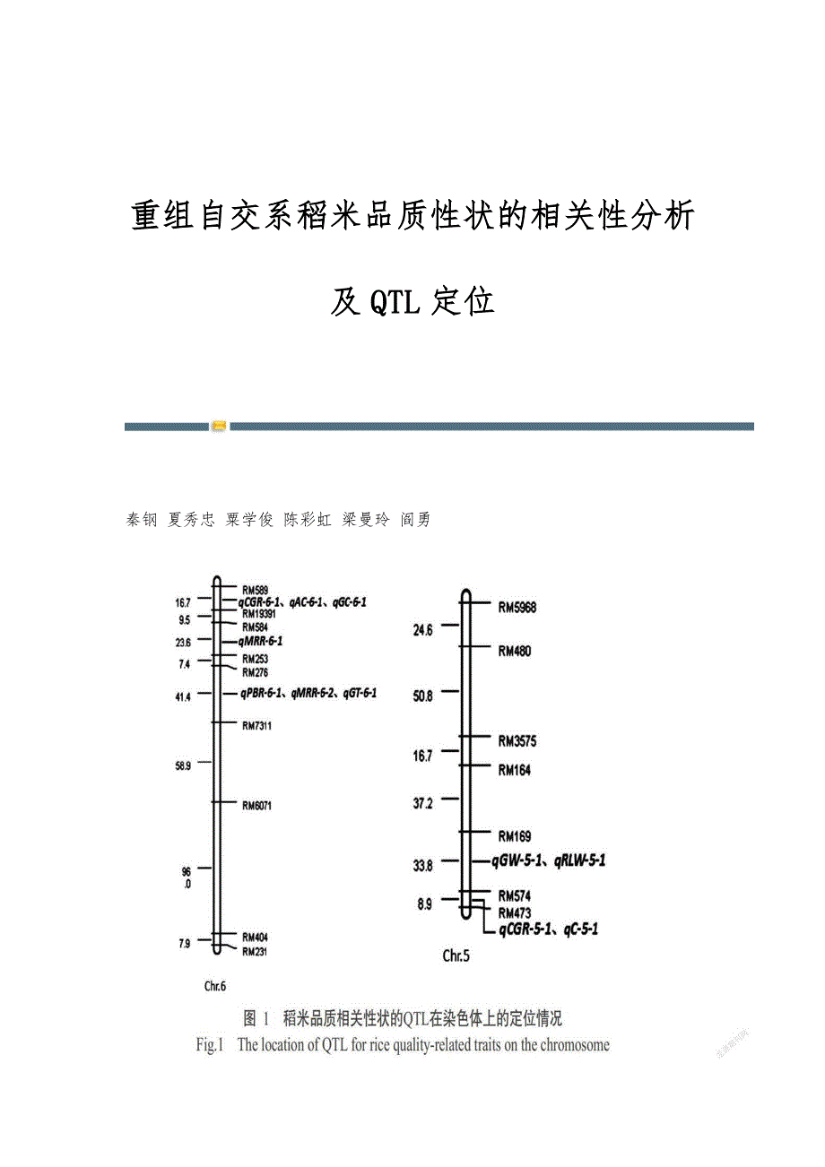 重组自交系稻米品质性状的相关性分析及QTL定位_第1页