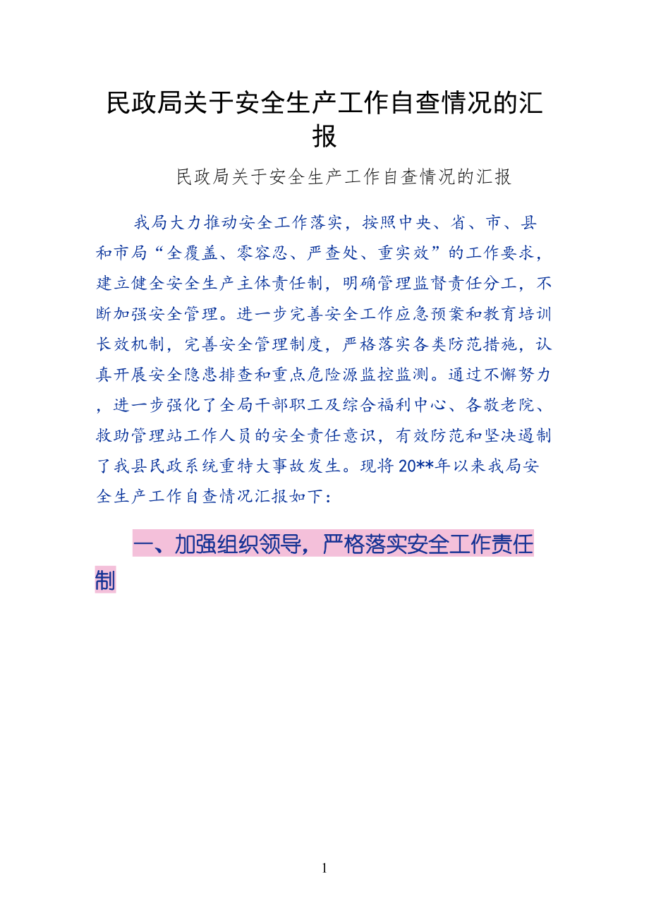 民政局关于安全生产工作自查情况的汇报参考_第1页