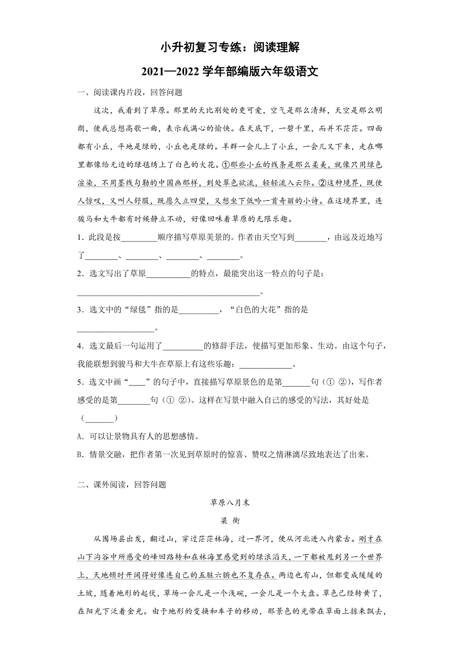 统编版语文六年级下册小升初复习专练：阅读理解试题（含答案）_第1页