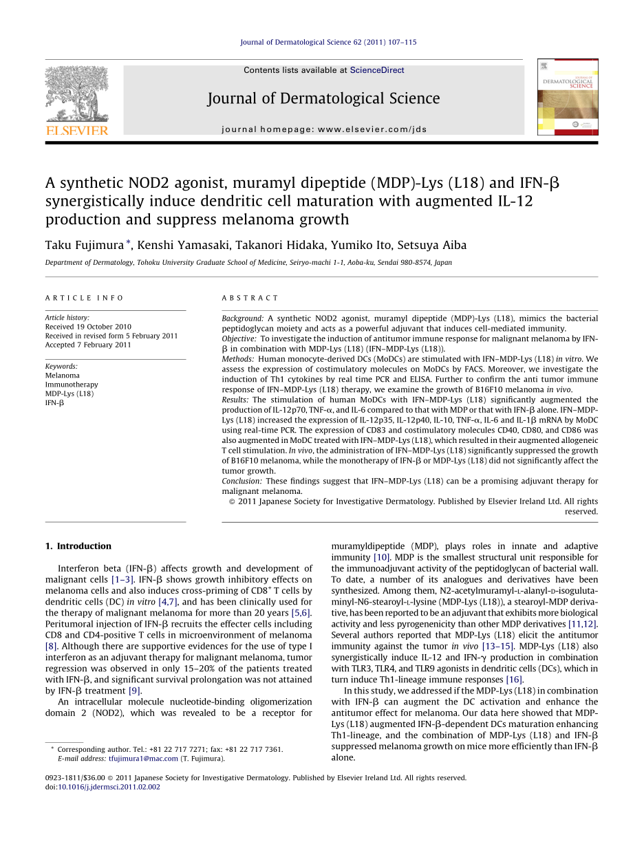 a synthetic nod2 agonist, muramyl dipeptide (mdp)lys (l18) and ifnβ synergistically induce dendritic cell maturation with augmented il12 production and suppress melanoma growth_第1页