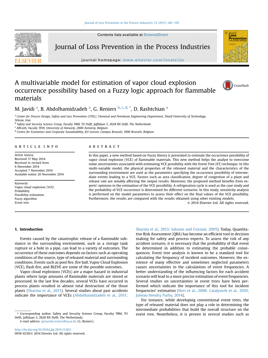 a multivariable model for estimation of vapor cloud explosion occurrence possibility based on a fuzzy logic approach for flammable materials：基于模糊逻辑方法的蒸汽云爆炸发生概率估计的多变量模型_第1页