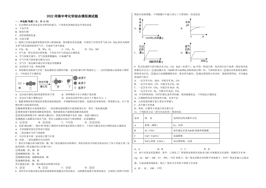 2022年河南中考综合模拟测化学试题(word版含答案)_第1页