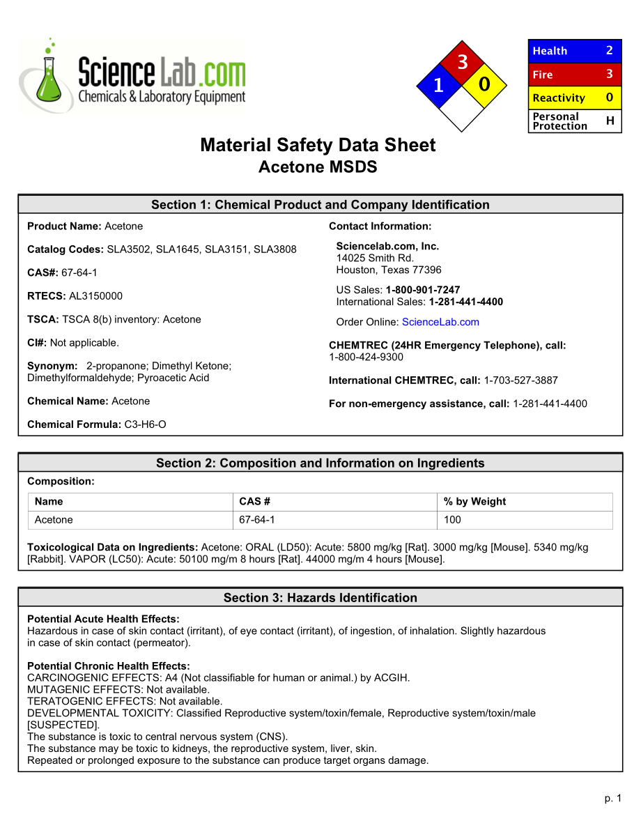 Acetone MSDS - eScience Labs：丙酮MSDS - eScience中的实验室_第1页