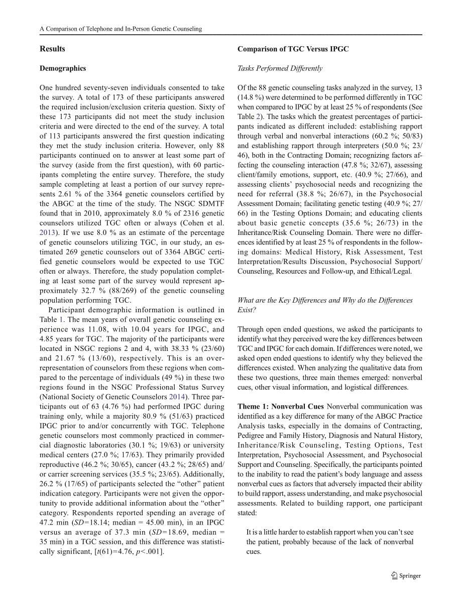 A Comparison of Telephone Genetic Counseling and In-Person Genetic Counseling from the Genetic Counselor’s Perspective_第5页