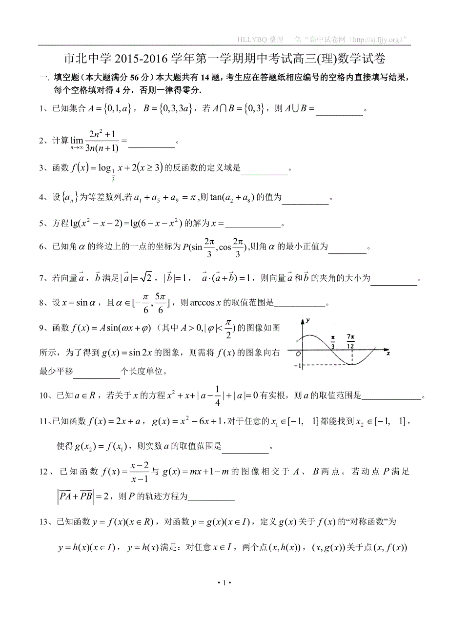 上海市市北中学2016届高三第一学期期中考试 数学理_第1页