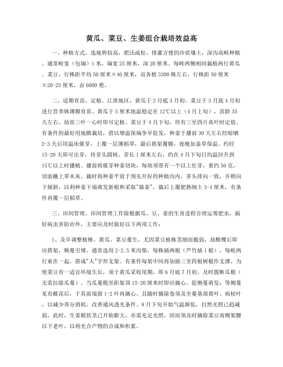 黄瓜、菜豆、生姜组合栽培效益高_第1页