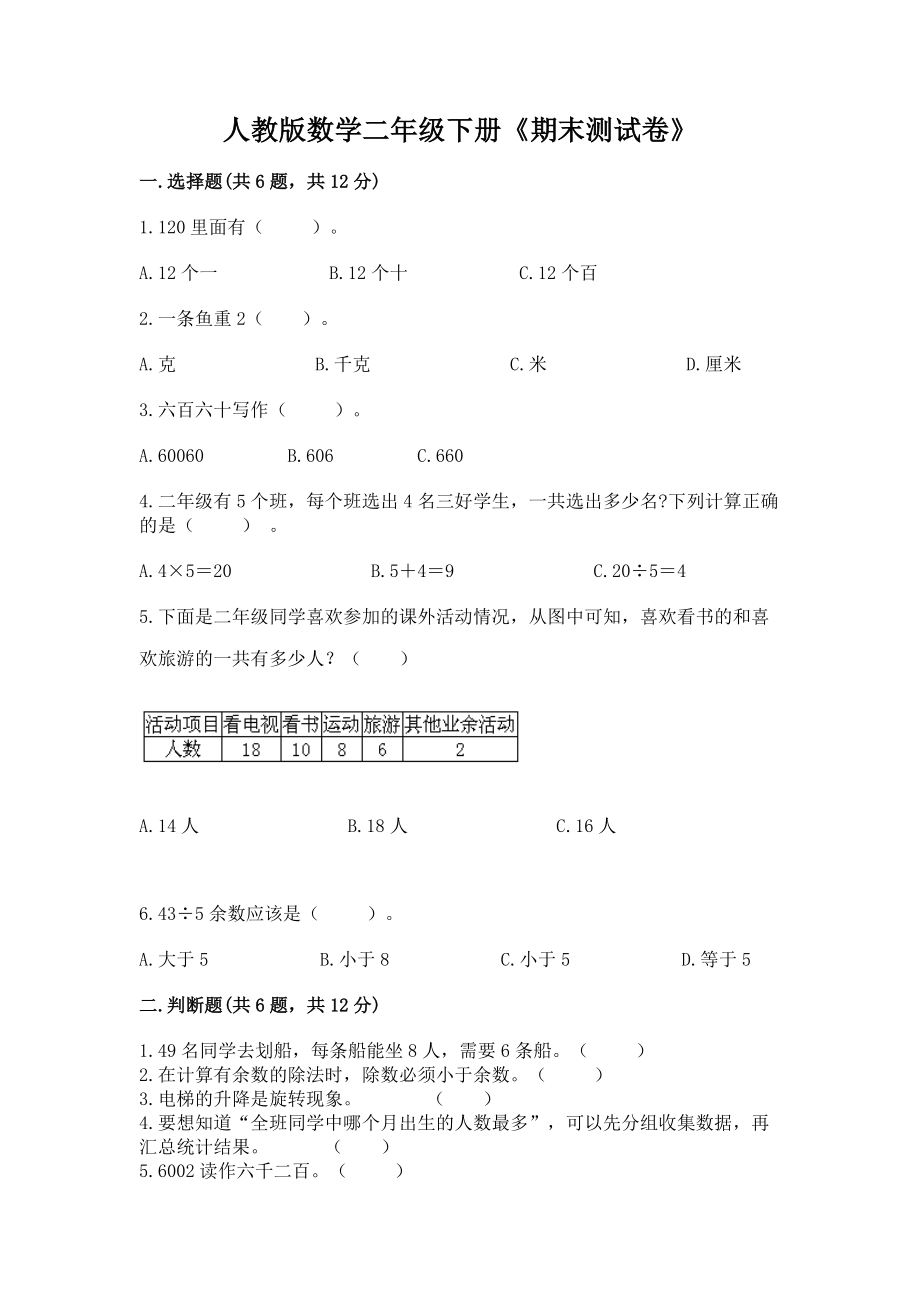 人教版数学二年级下册《期末测试卷》（培优a卷）_第1页