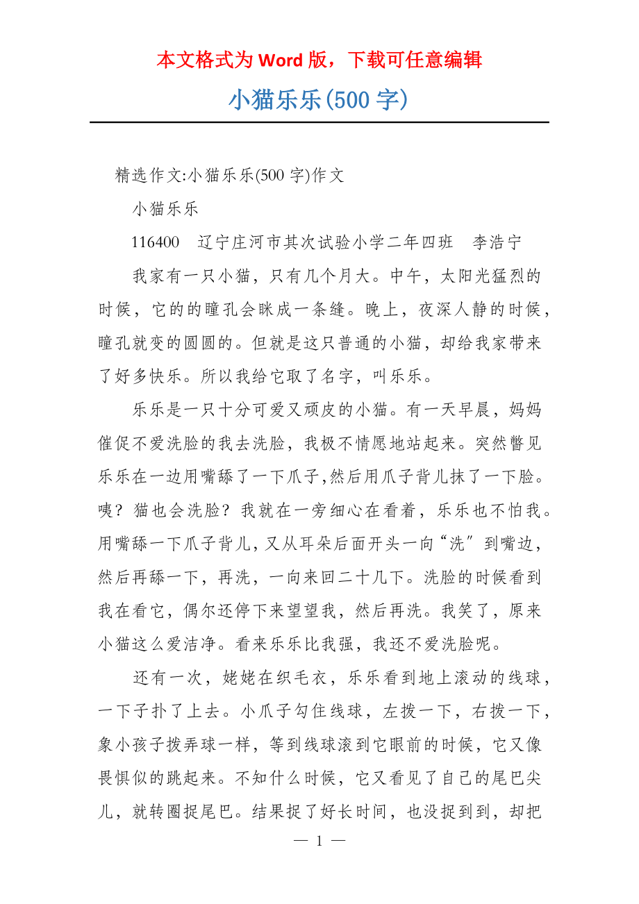 小猫乐乐(500字)_第1页