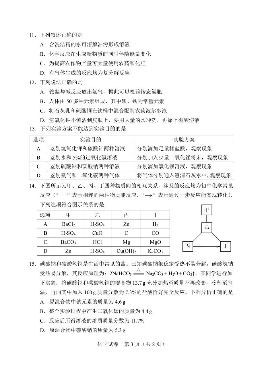2022年天津市初中学业水平考试化学试题含答案_第3页