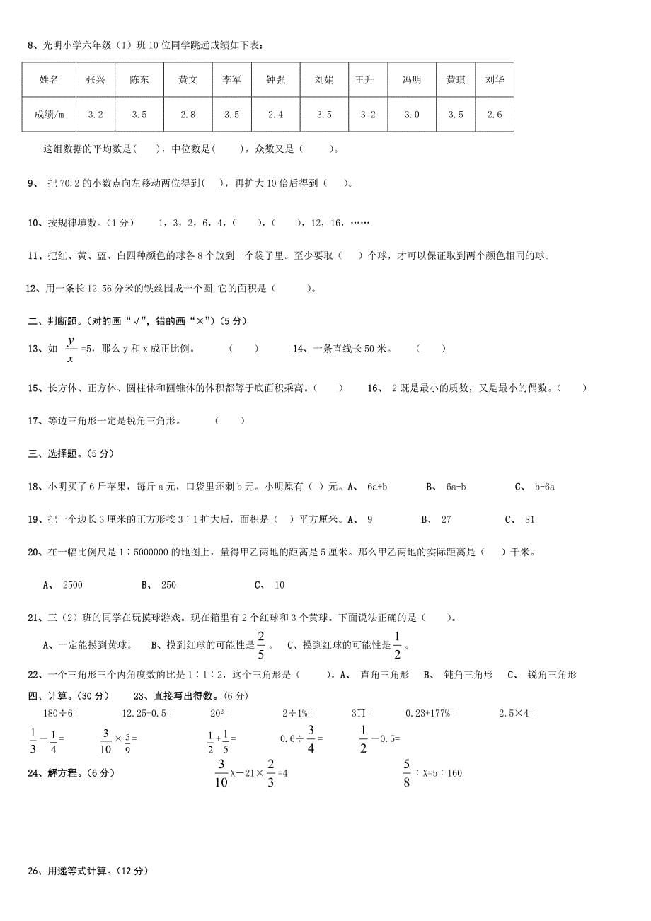 年人教版六年级下册数学试卷I)_第5页