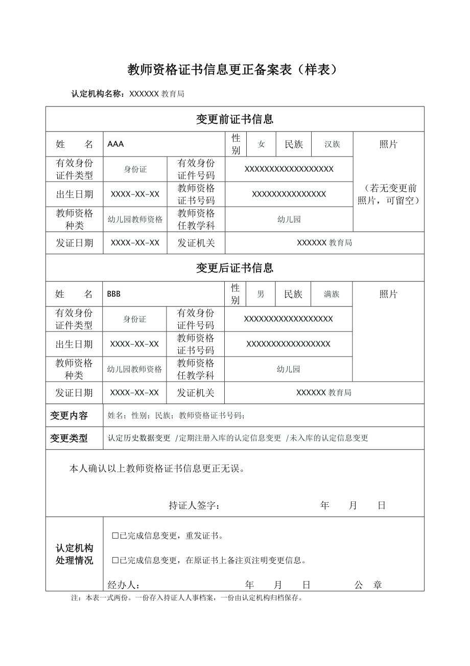 教师资格证书信息更正备案表（样表）_第1页