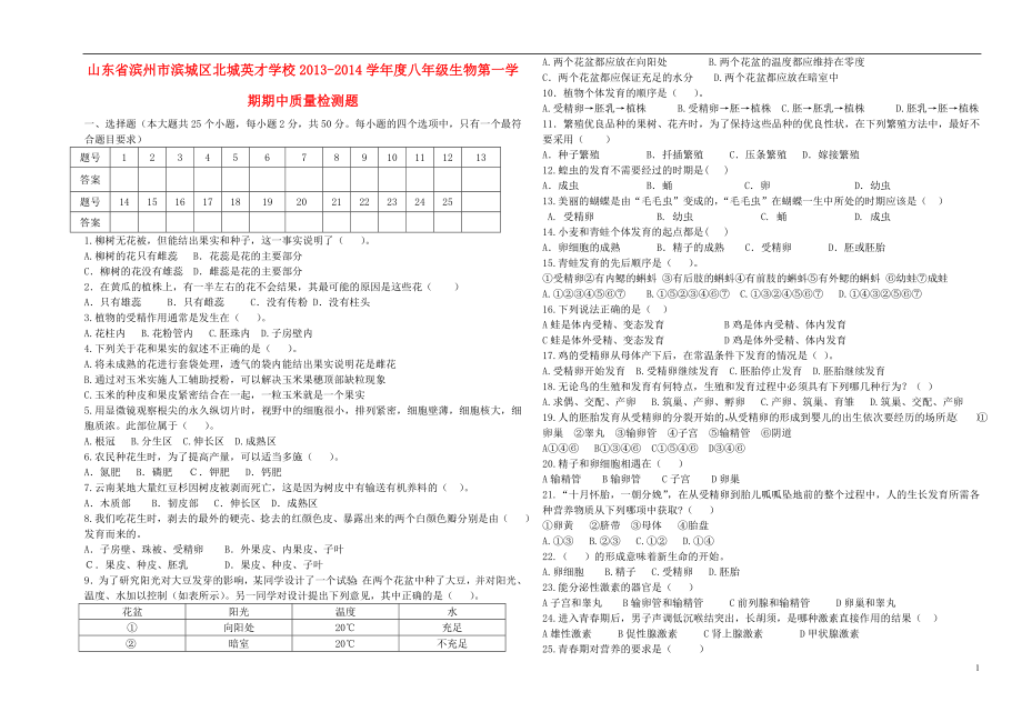 山东省滨州市滨城区北城英才学校-学年度八年级生物第一学期期中质量检测题无答案）_第1页