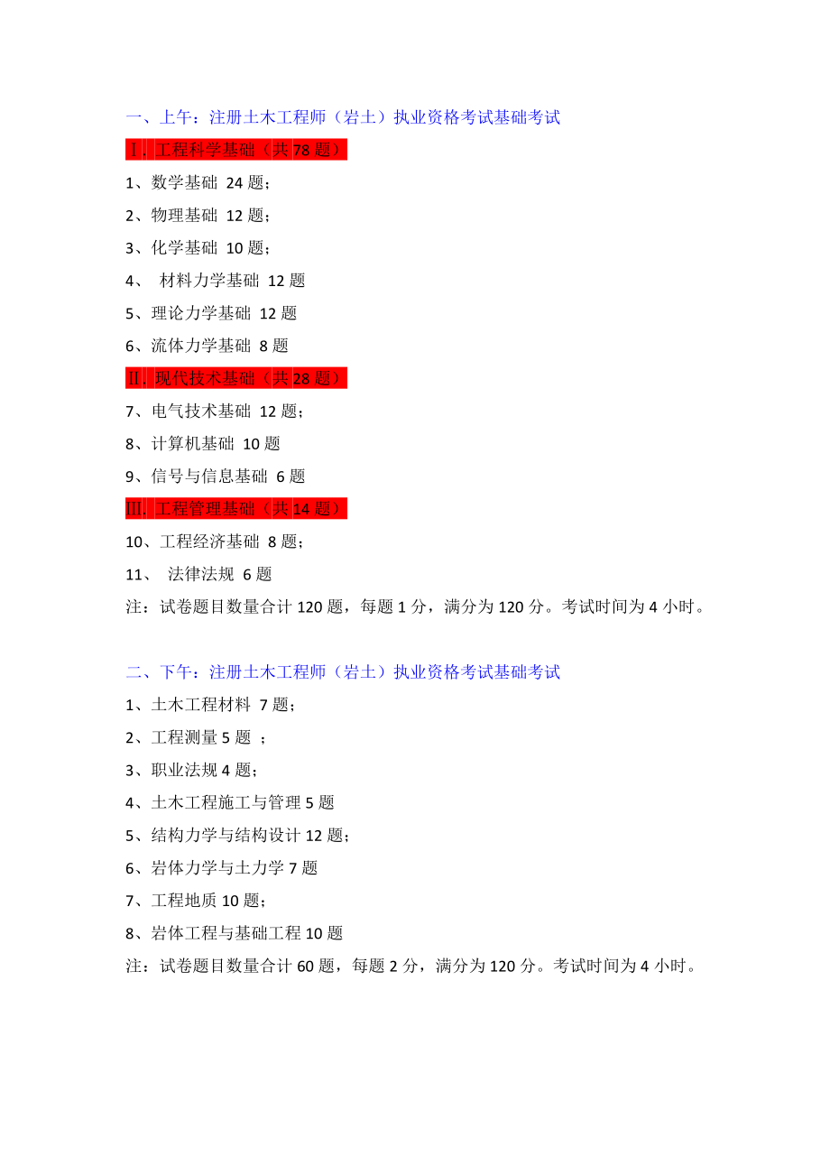 岩土工程师基础考试科目及题量分值分布试卷教案_第1页
