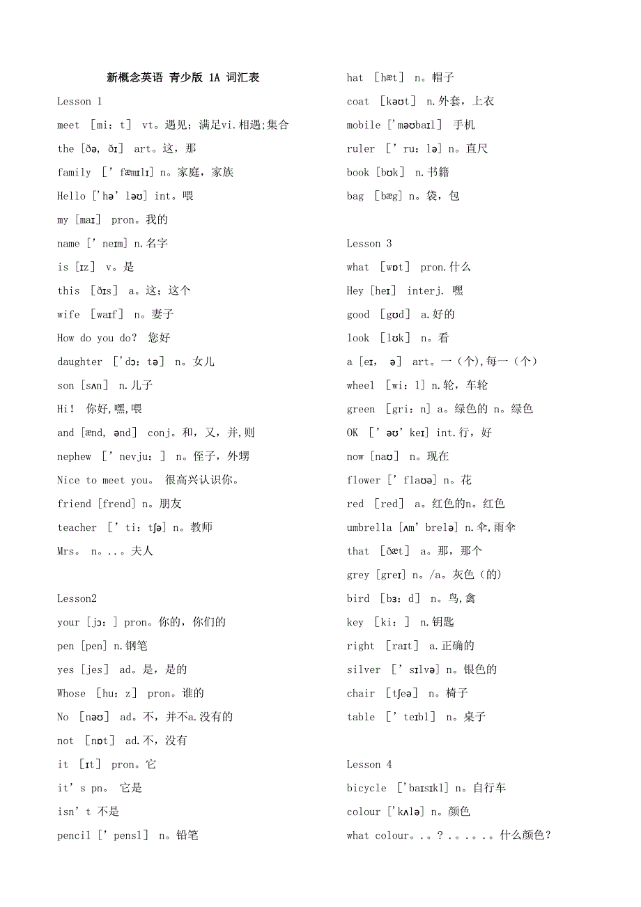 新概念英语青少版ABAB单词表词汇试卷教案_第1页