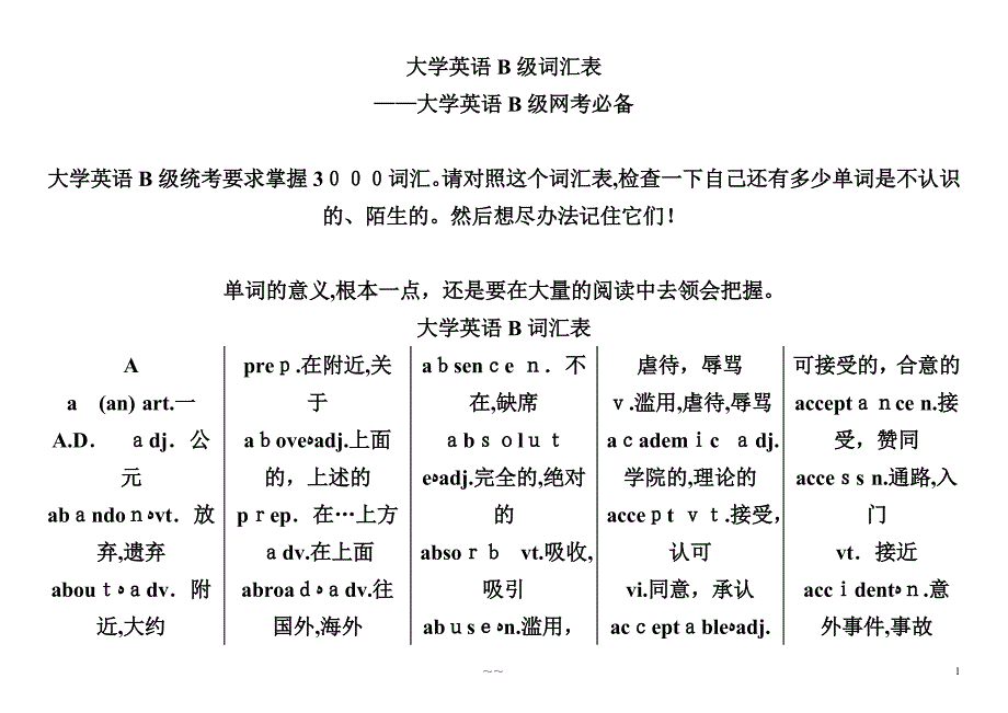 大学英语B级词汇表试卷教案_第1页