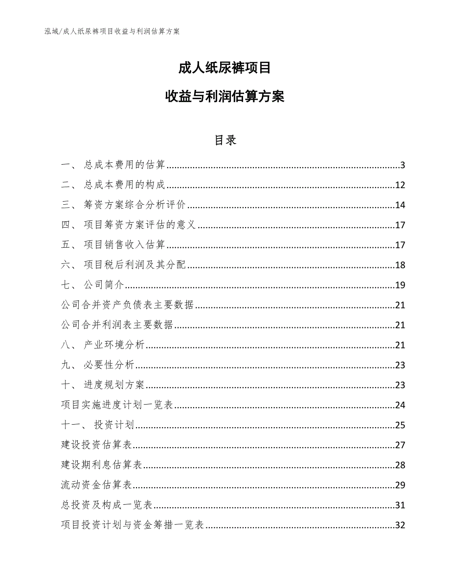 成人纸尿裤项目收益与利润估算方案_范文_第1页