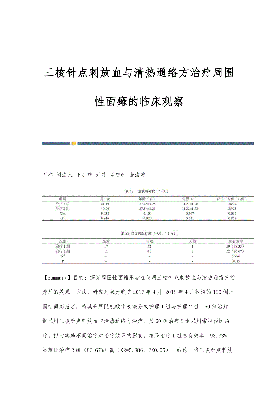 三棱针点刺放血与清热通络方治疗周围性面瘫的临床观察_第1页