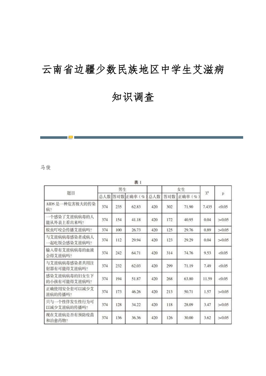 云南省边疆少数民族地区中学生艾滋病知识调查_第1页