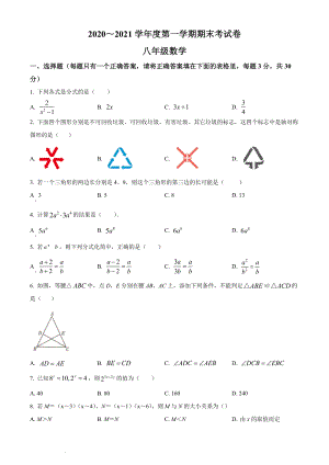 2020～2021学年度第一学期期末考试卷八年级数学（原卷版）