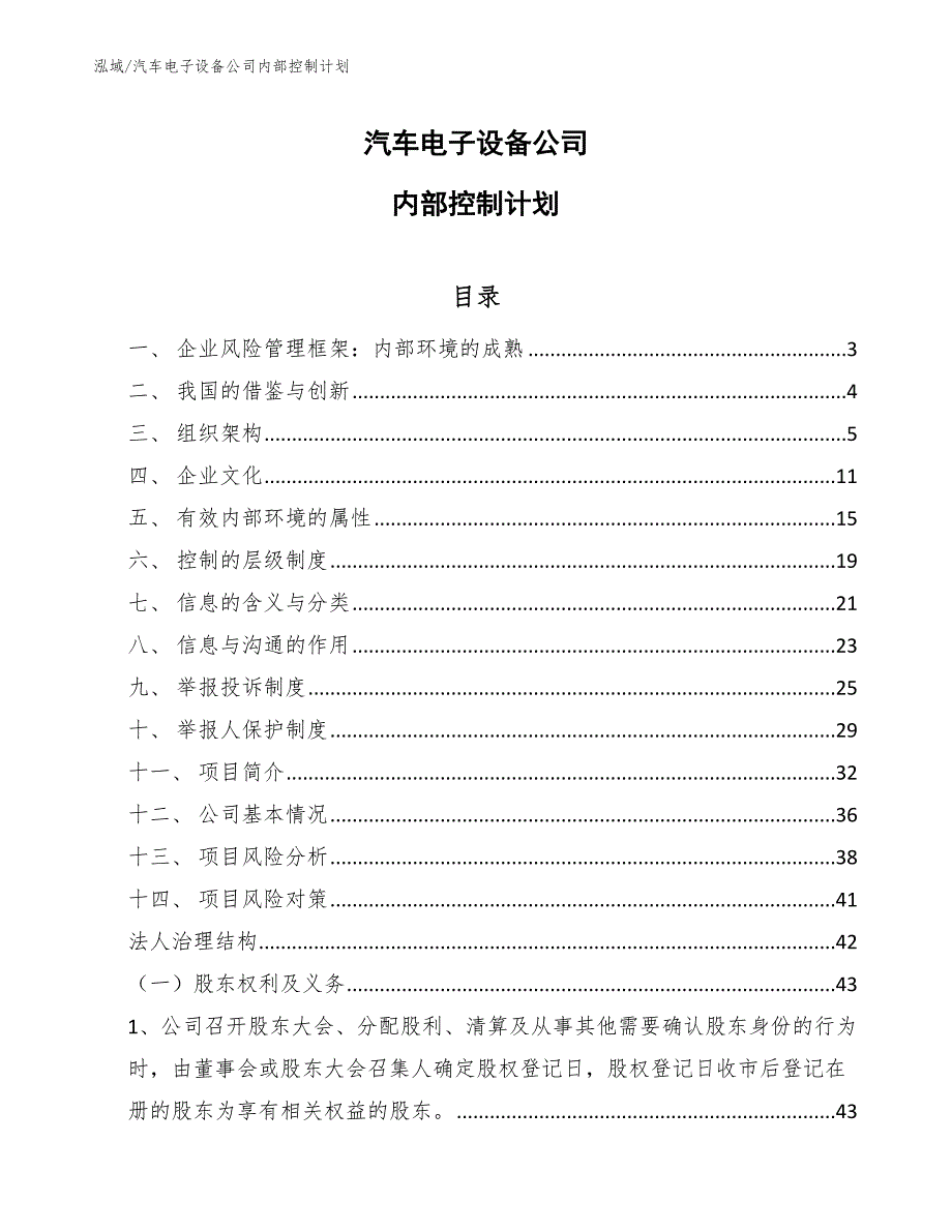 汽车电子设备公司内部控制计划（参考）_第1页