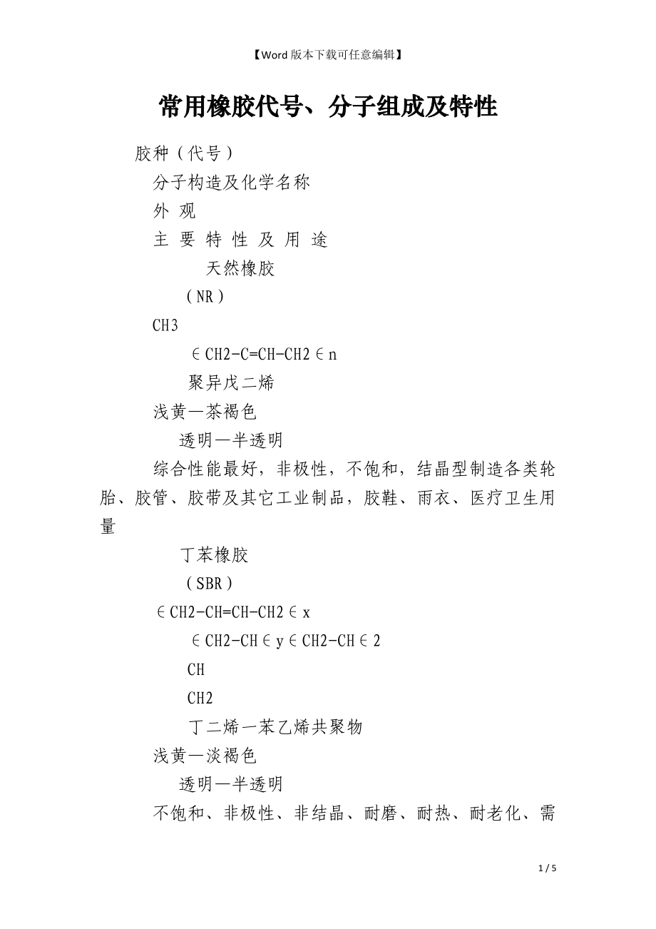 常用橡胶代号、分子组成及特性_第1页