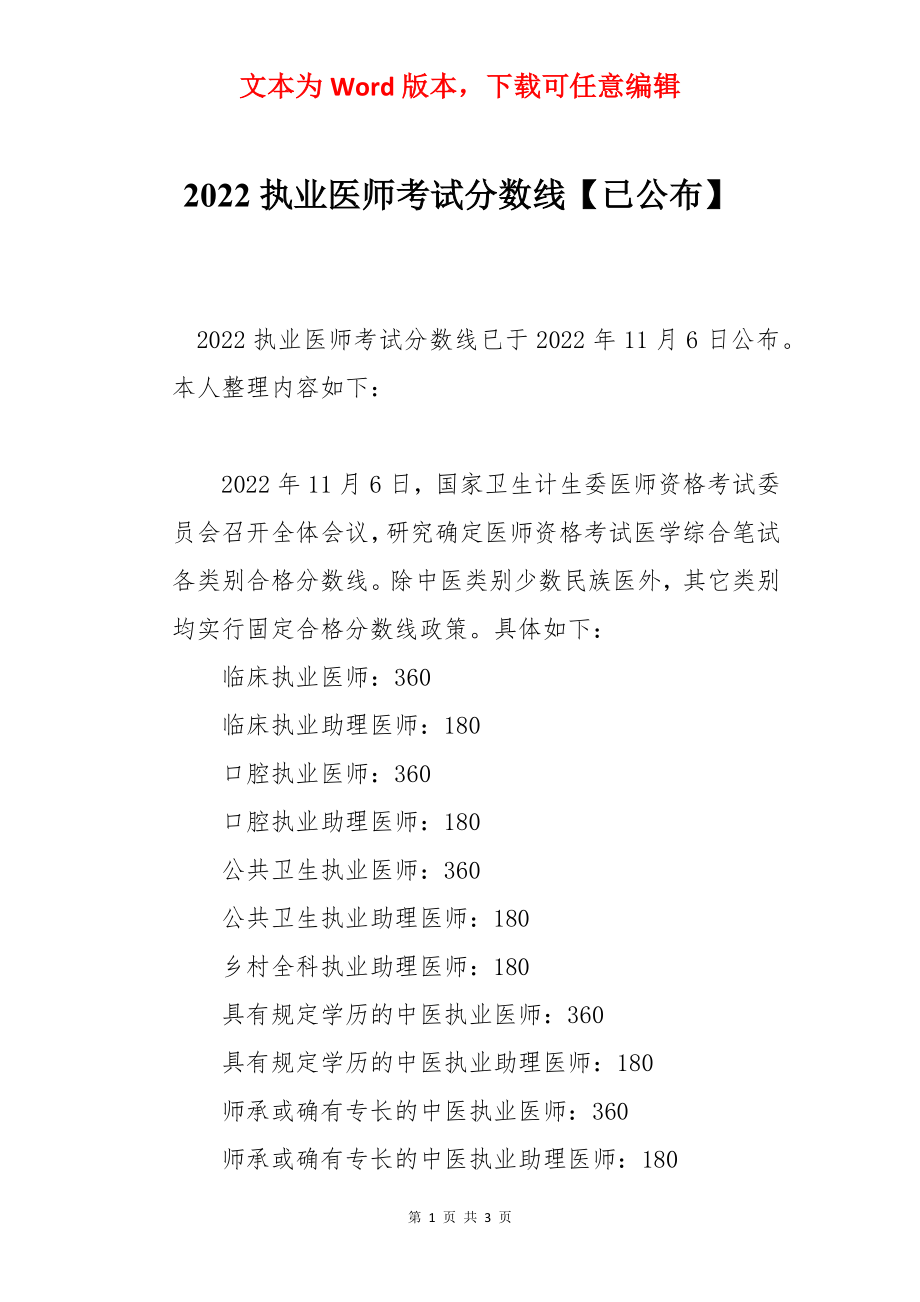 2022执业医师考试分数线【已公布】_第1页