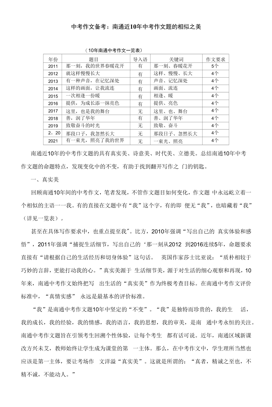 中考作文备考：南通近10年中考作文题的相似之美_第1页