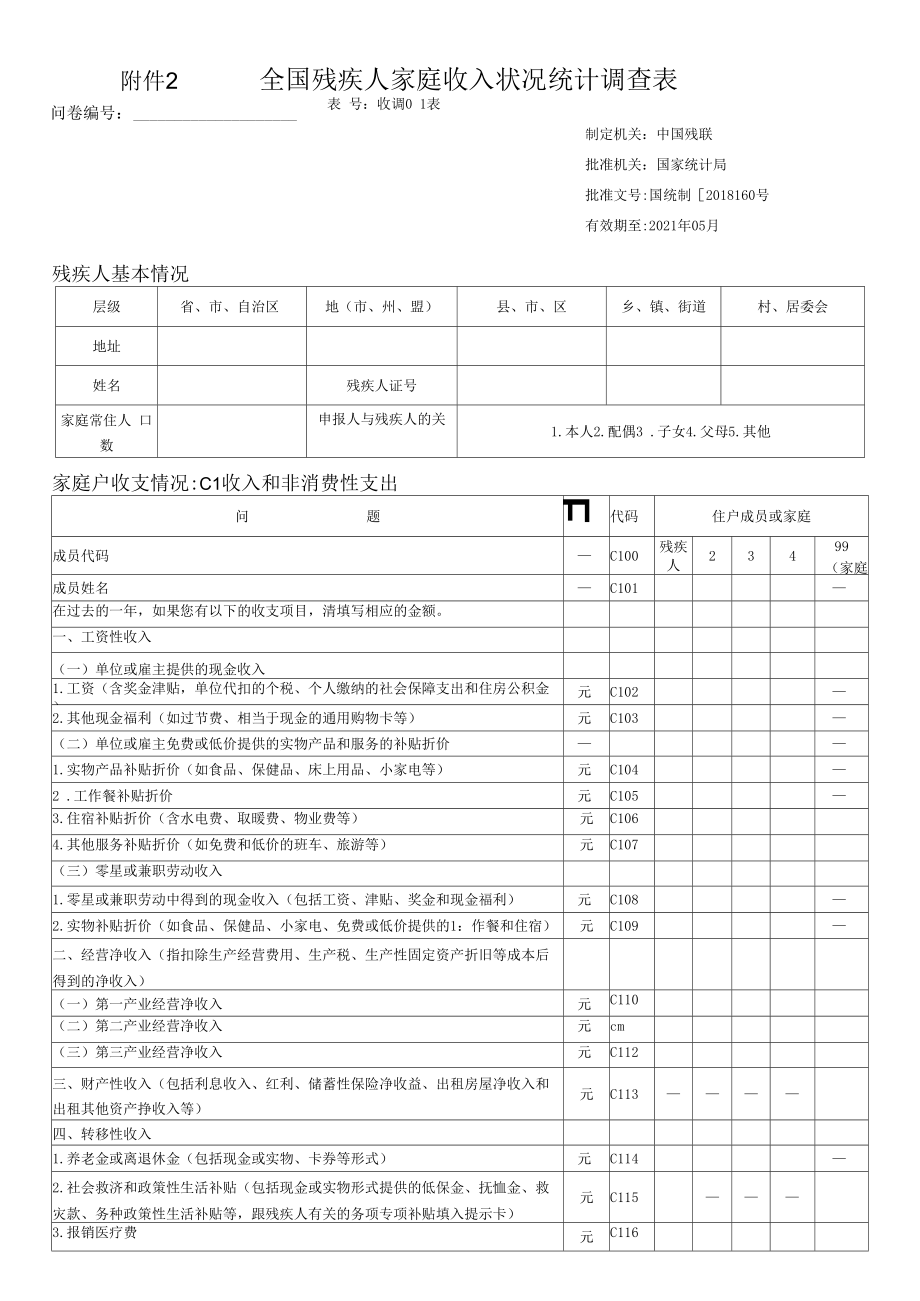全国残疾人家庭收入状况统计调查表_第1页