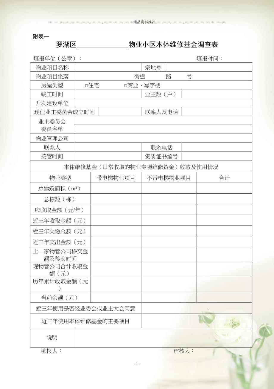 物业小区本体维修基金调查表(共17页doc)_第1页