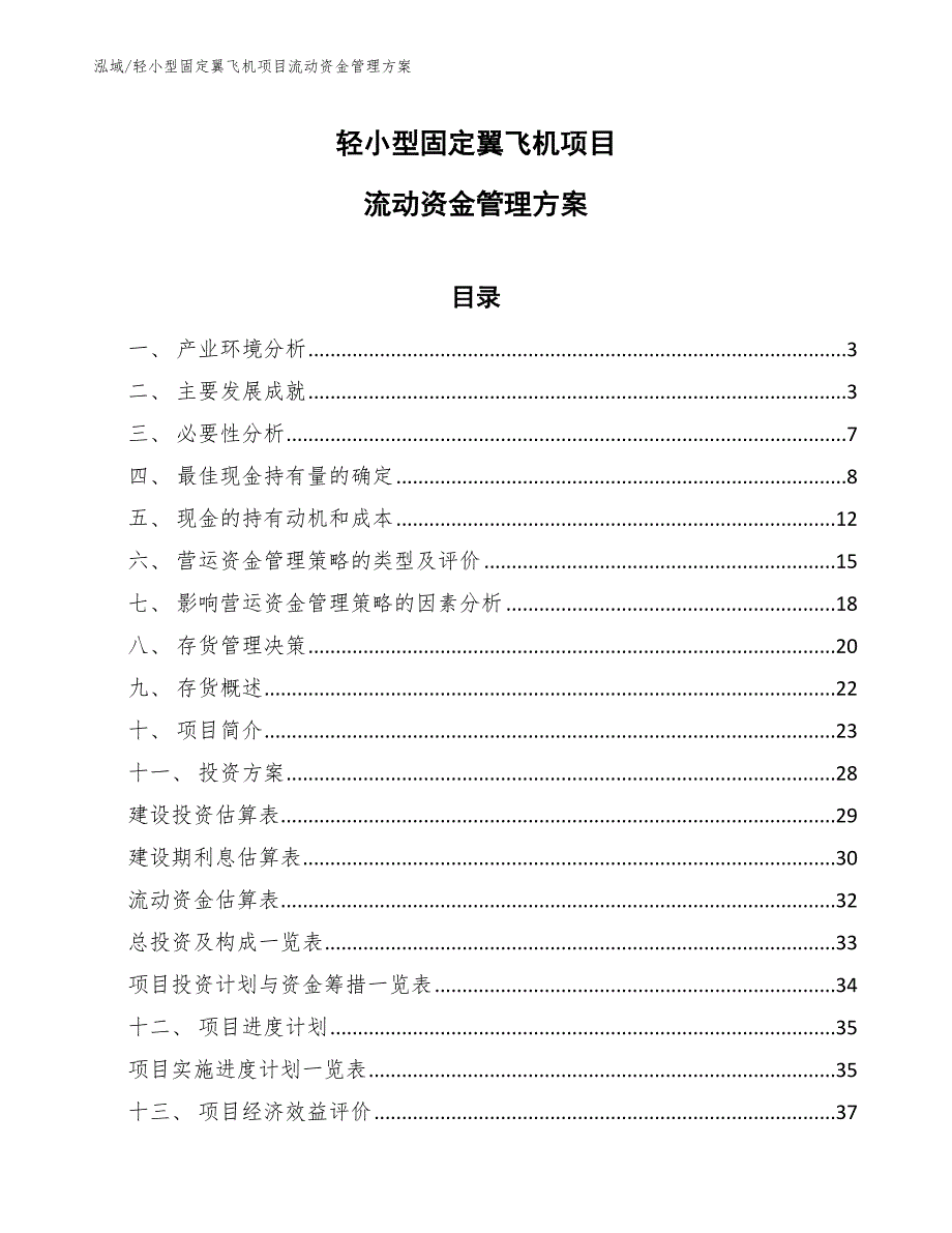 轻小型固定翼飞机项目流动资金管理方案【参考】_第1页