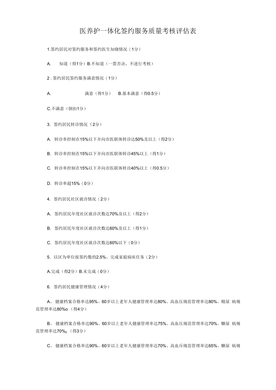 医养护一体化签约服务质量考核评估表_第1页