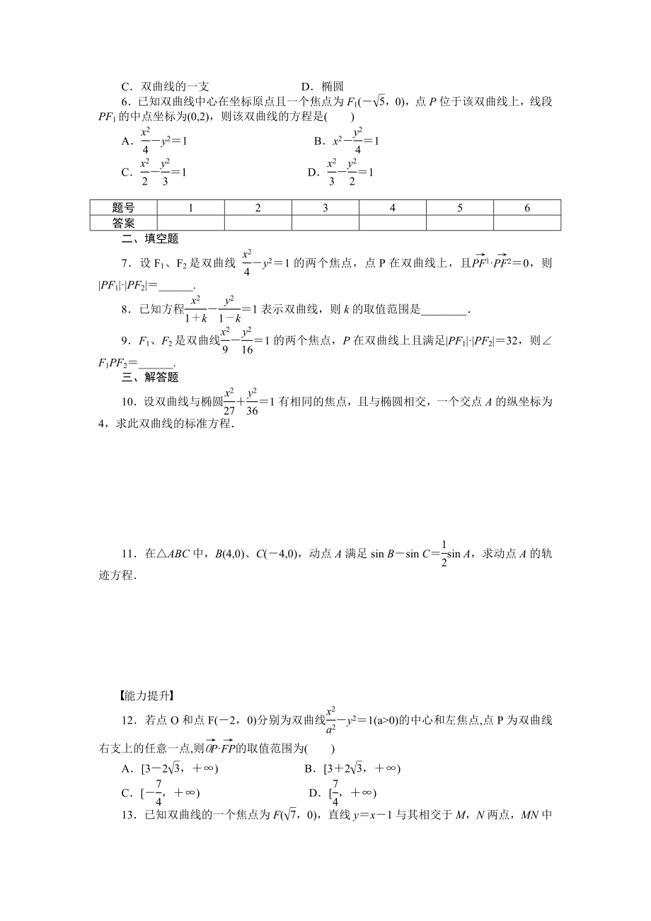 高中数学（人教版A版选修1-1）配套单元检测：2.2.1双曲线及其标准方程（含答案）_第2页