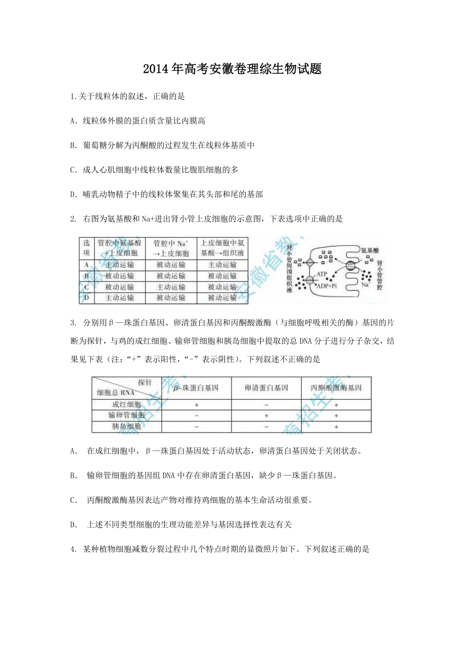 2014年安徽高考生物真题及答案_第1页