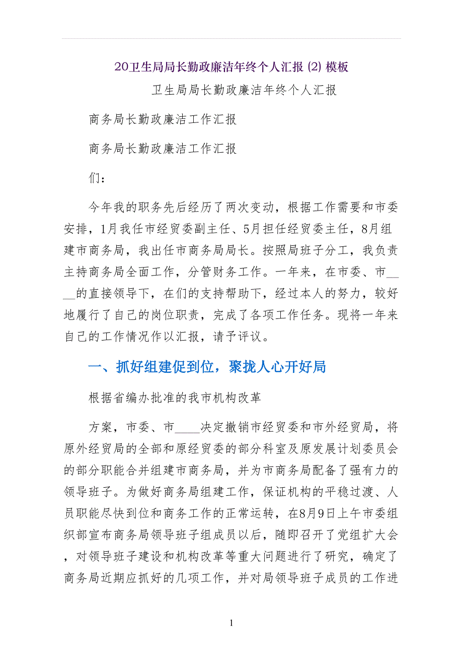 卫生局局长勤政廉洁年终个人汇报模板_第1页