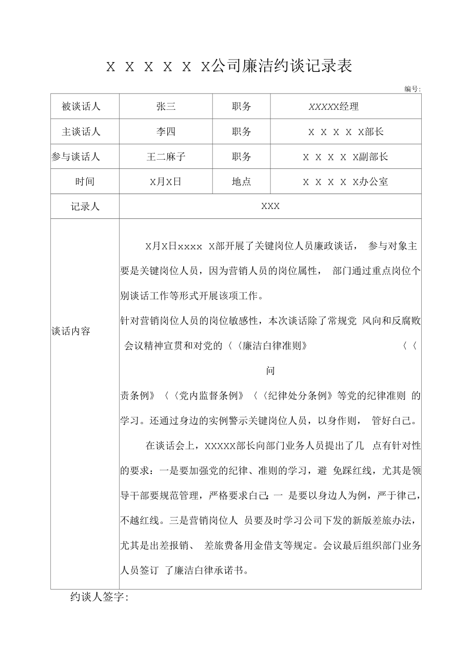 廉洁约谈记录表(带内容)营销岗位版_第1页