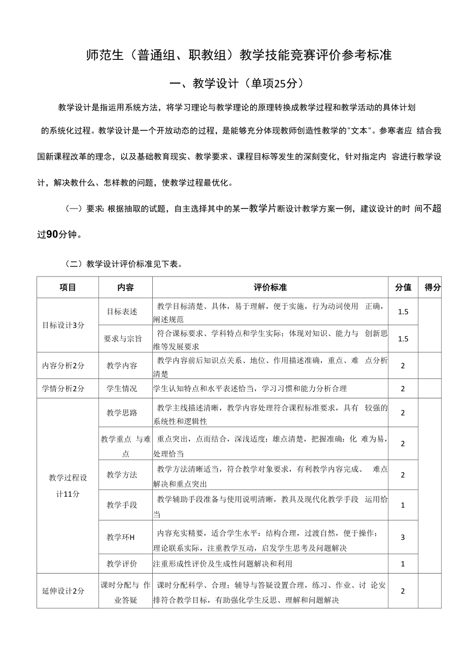 师范生普通组、职教组教学技能竞赛评价参考标准教学设计单项25分_第1页