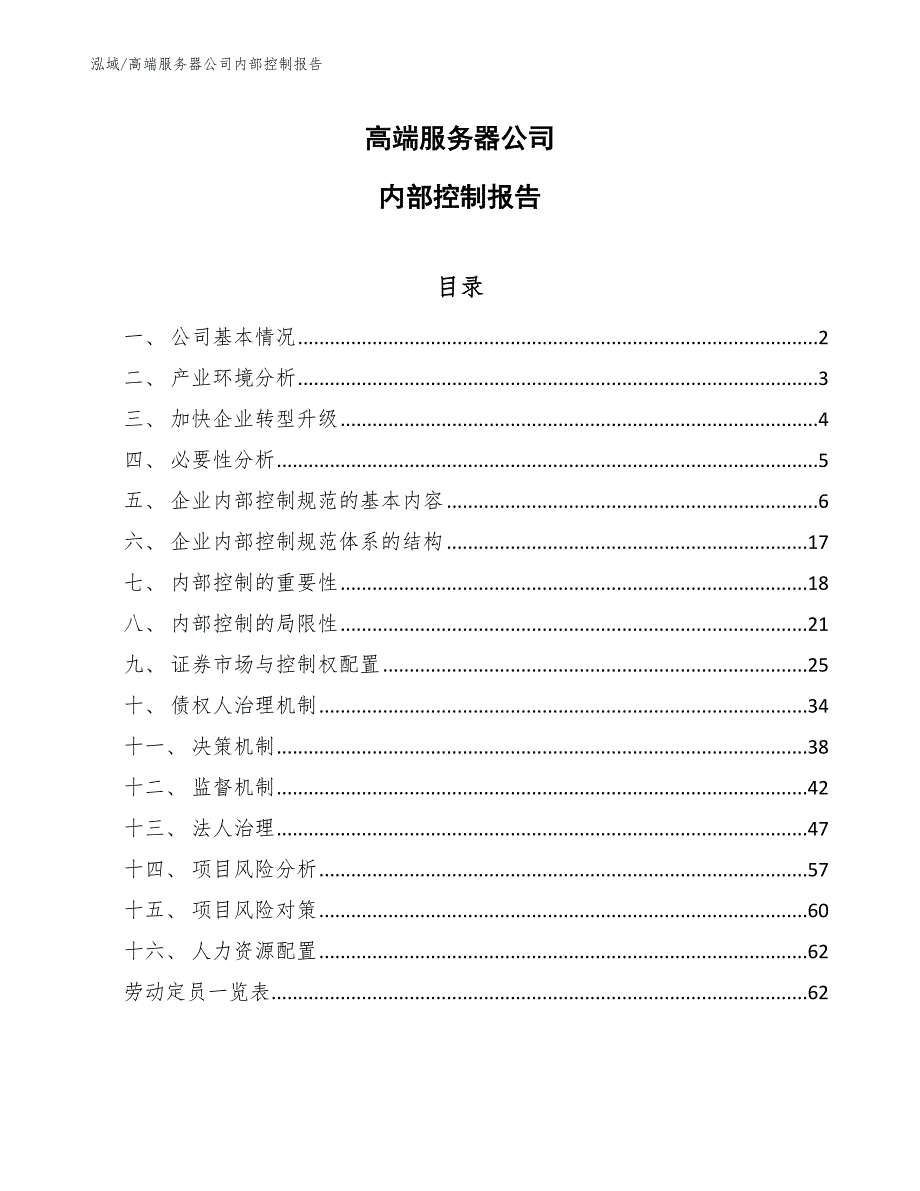 高端服务器公司内部控制报告【范文】_第1页