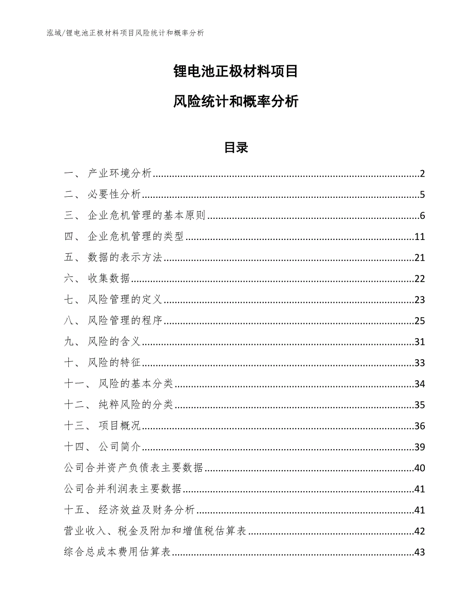 锂电池正极材料项目风险统计和概率分析【参考】_第1页