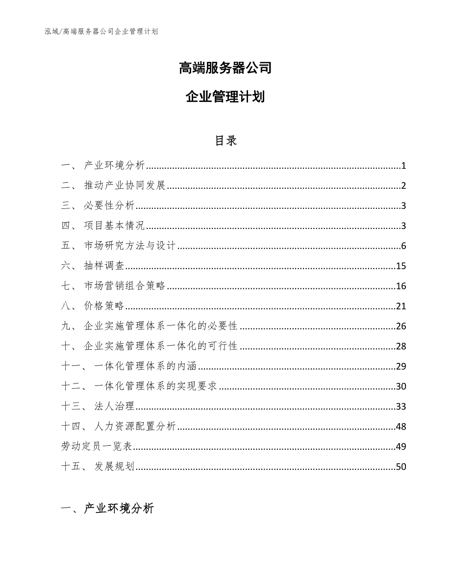 高端服务器公司企业管理计划（范文）_第1页