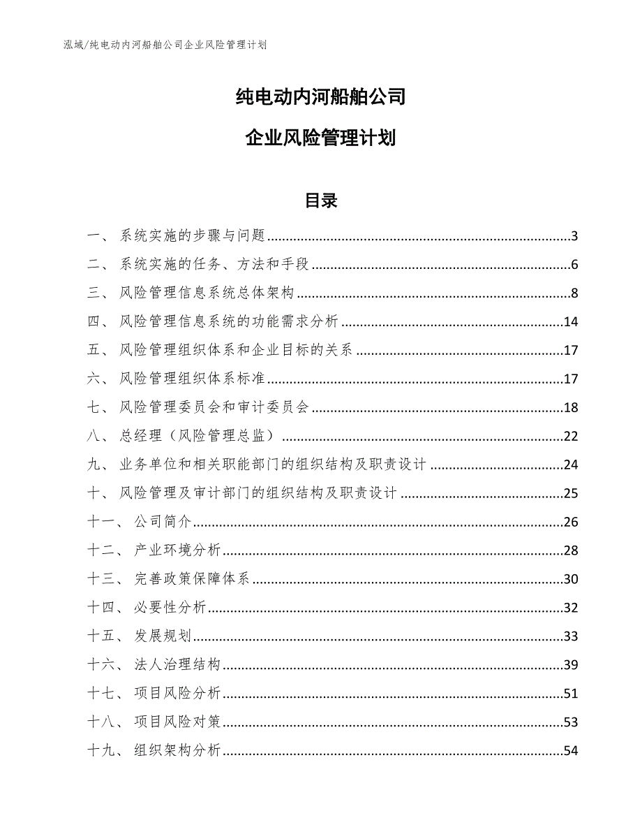 纯电动内河船舶公司企业风险管理计划（范文）_第1页