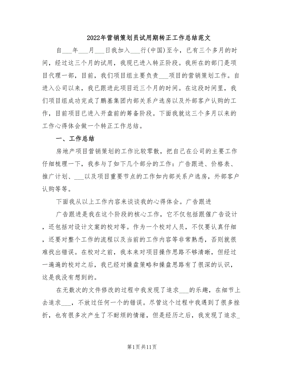 年营销策划员试用期转正工作总结范文_第1页