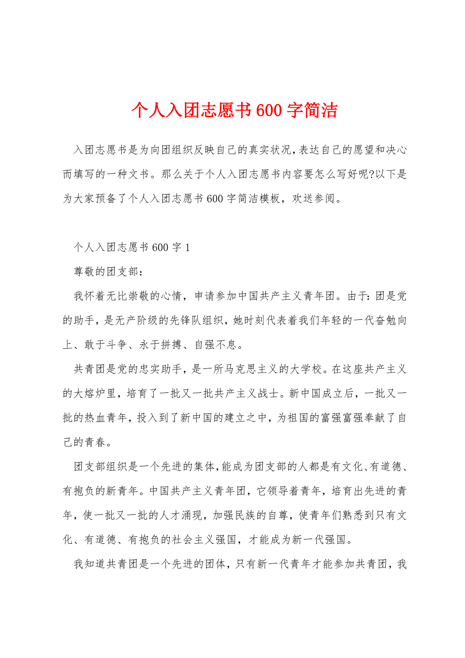 个人入团志愿书600字简洁_第1页