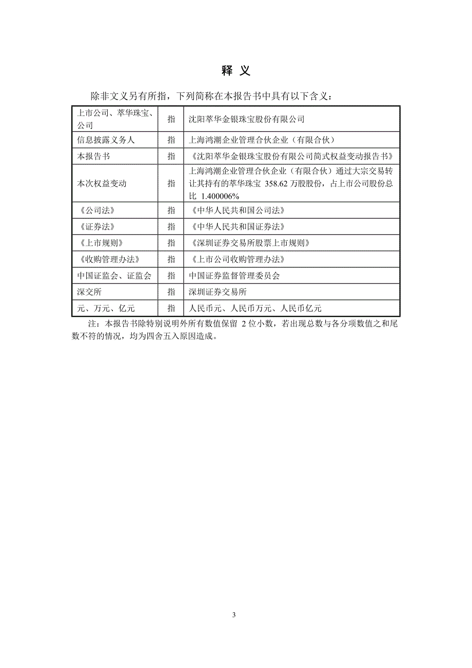 萃华珠宝：简式权益变动报告书（上海鸿潮）_第4页