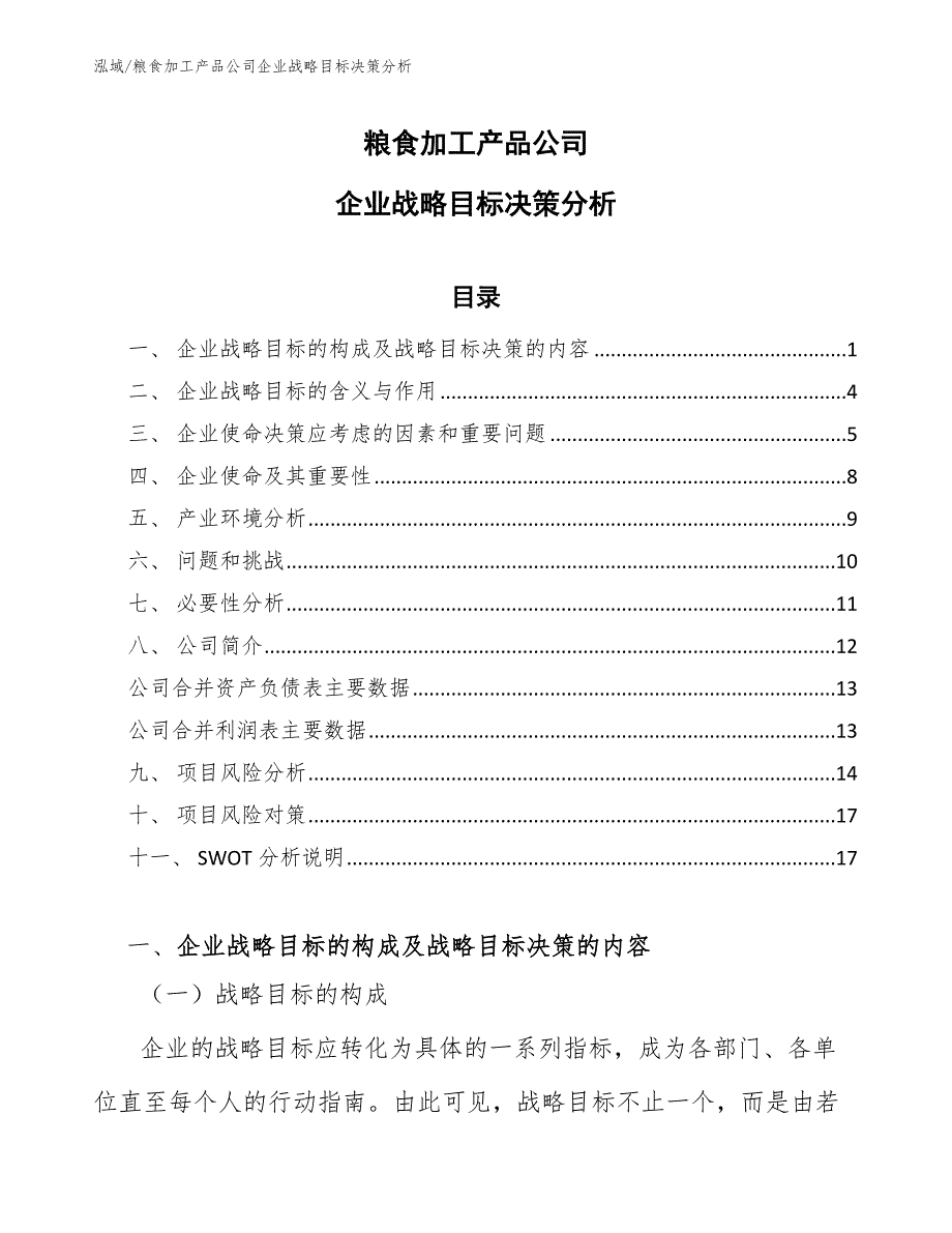 粮食加工产品公司企业战略目标决策分析_第1页